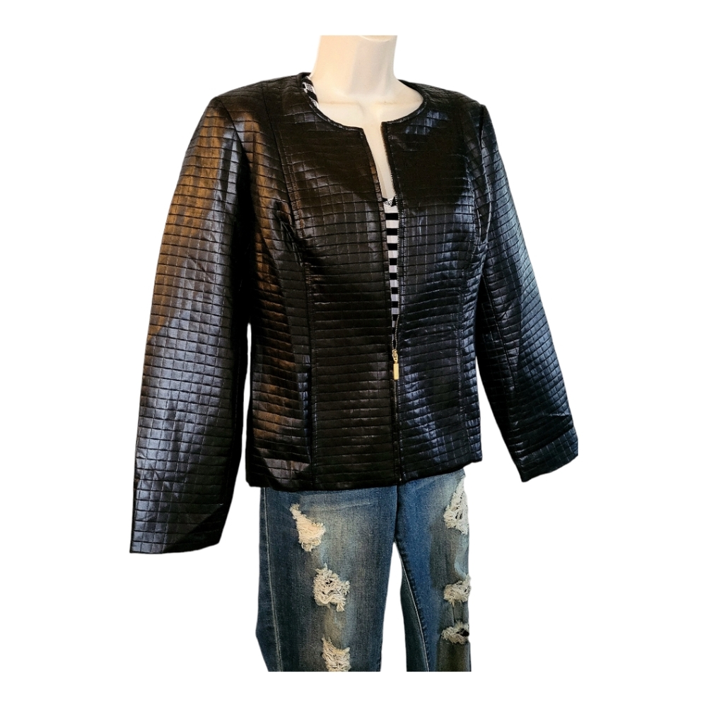Quilted leather look lightweight 90s oversized black jacket size large - Picture 4 of 11